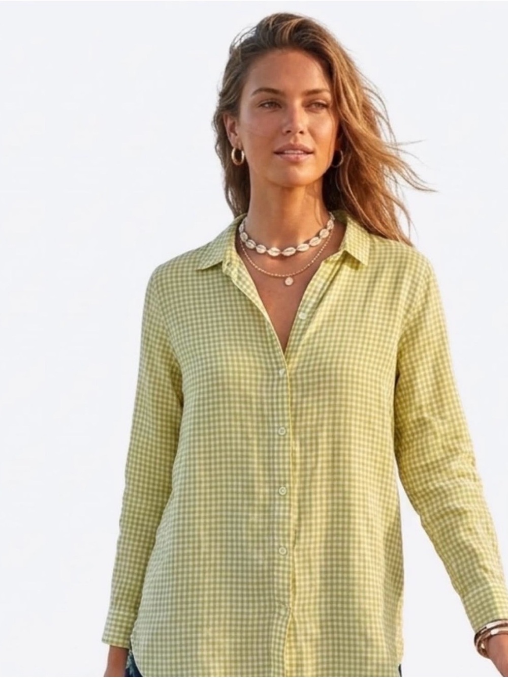 NWOT J. Jill Green & White Gingham 100% Cotton Button-Down Shirt